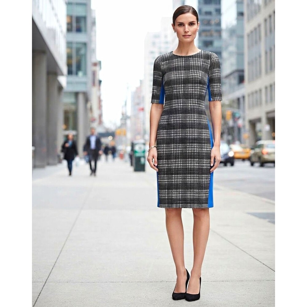 Vince Camuto Black, White, And Blue Geometric Sheath Dress